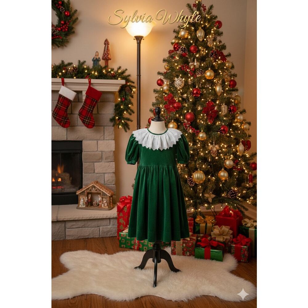 Vintage Sylvia Whyte Dark Green Velour Holiday Dress Sz. 4